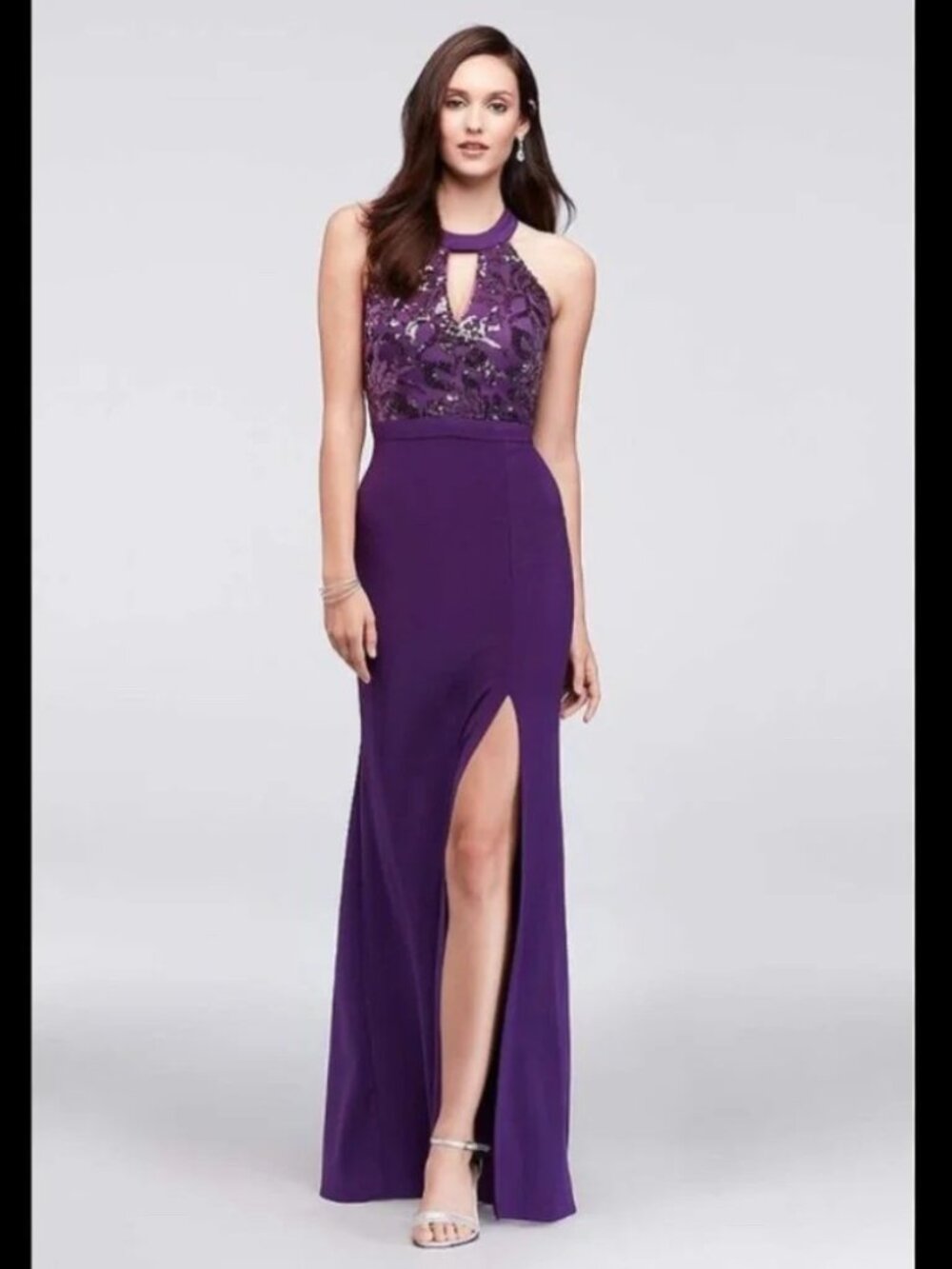 Plum Halter Neck Sequined Bodice Formal Evening Gown - Size 10